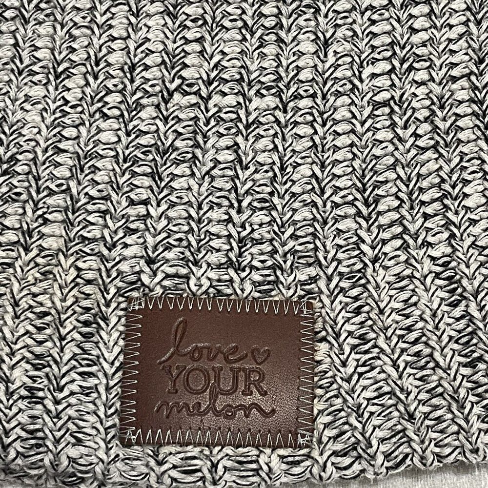 Love Your Melon Beanie Black White Speckled Tan Leather Logo Patch Hat‎ Toboggan - Picture 3 of 4